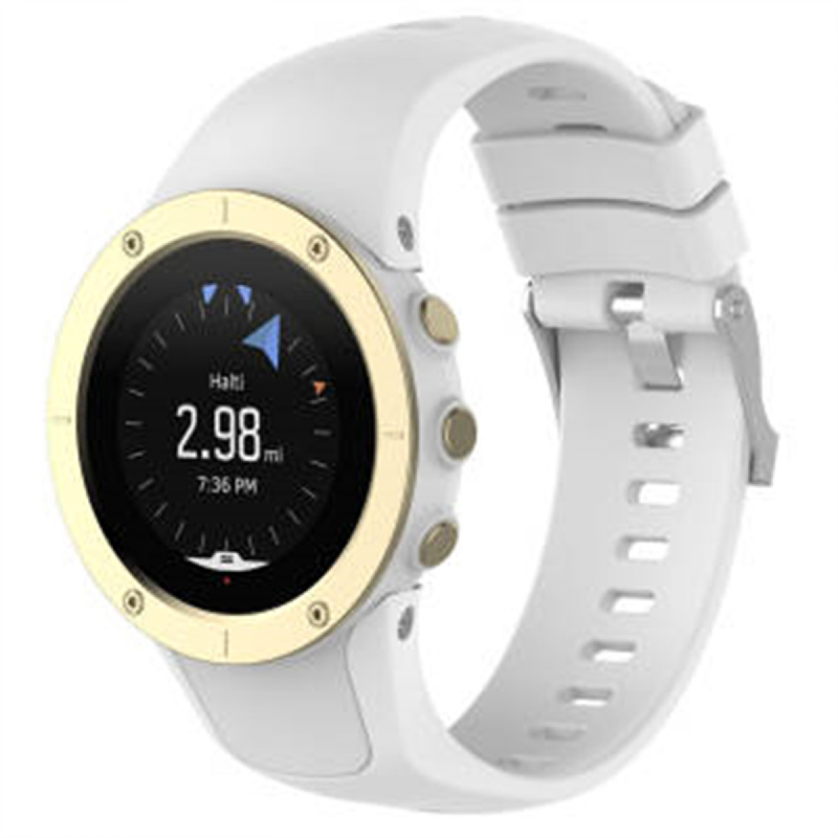 Witte en gouden smartwatch met tijd en gegevens. Witte band en gouden lunette.