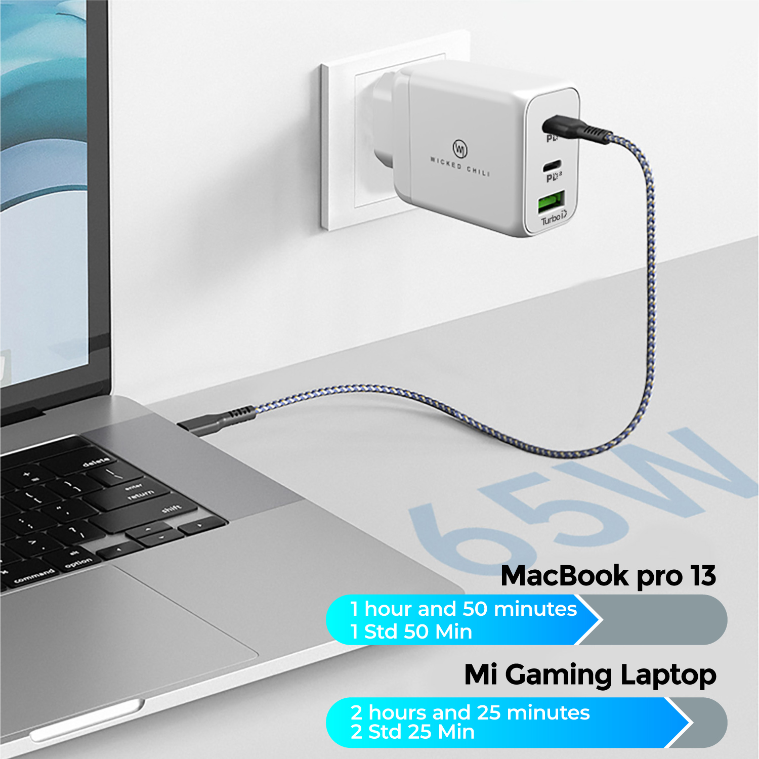 Laptop, Ladegerät in der Wand, Kabel angeschlossen. Text: MacBook Pro 13, 1h 50m. Mi Gaming Laptop, 2h 25m.