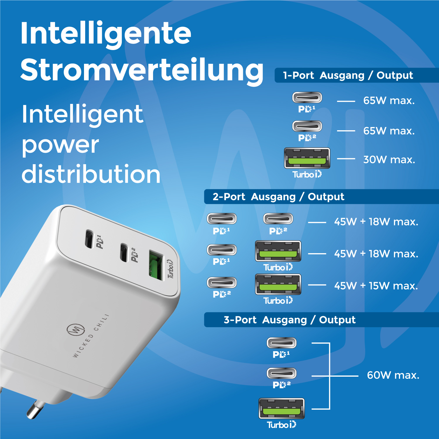 Netzteil mit mehreren Anschlüssen. Text mit Leistungsverteilungsdetails. Weißer Hintergrund.