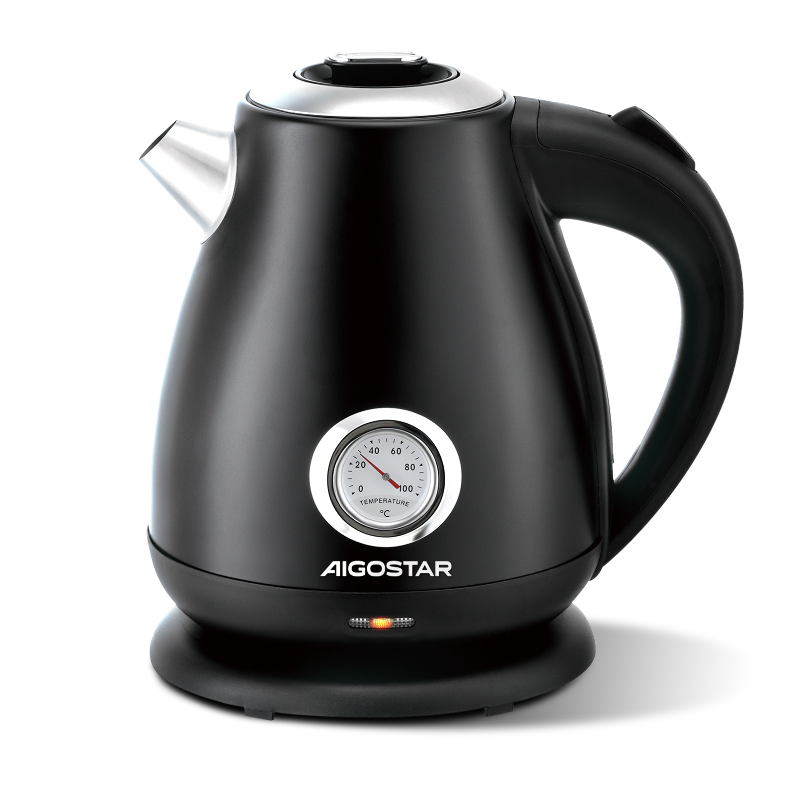 Bollitore elettrico nero con indicatore di temperatura, su sfondo bianco.