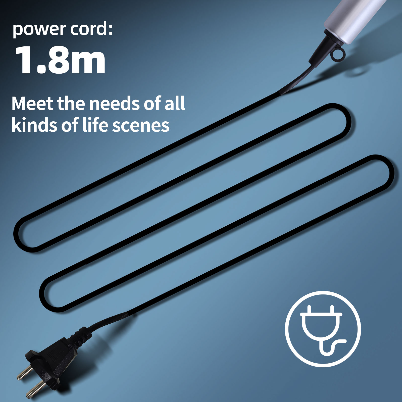 Schwarzes Netzkabel mit Stecker, Kabel und dem Text "Netzkabel: 1,8 m".