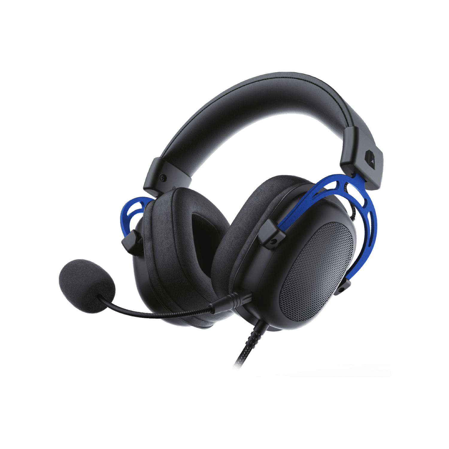 Un auricular para juegos negro con detalles azules. Tiene un micrófono. Fondo blanco.
