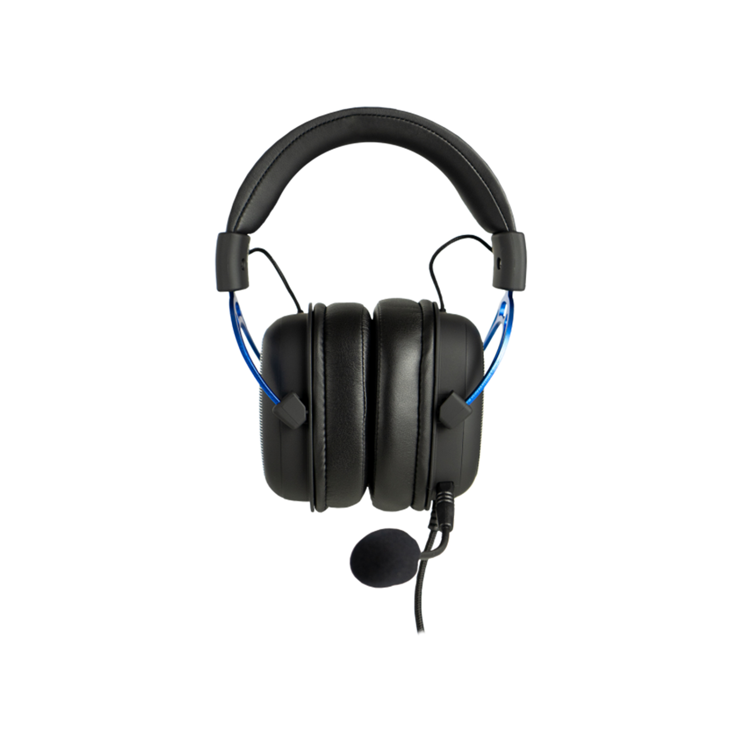 Auriculares para juegos negros y azules. Tiene un micrófono. Fondo blanco.