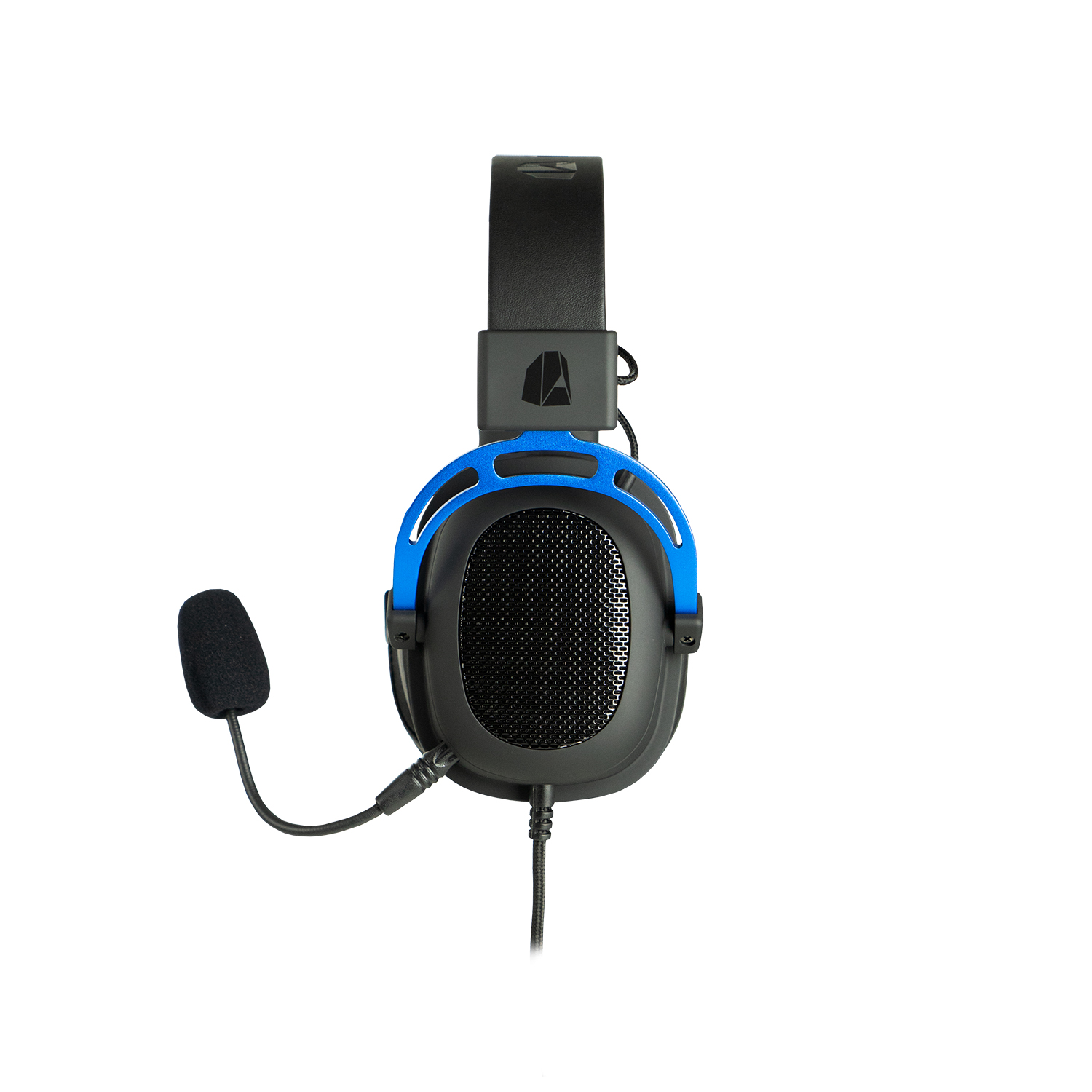 Auriculares para juegos negros y azules con micrófono. Auriculares negros y detalles azules.
