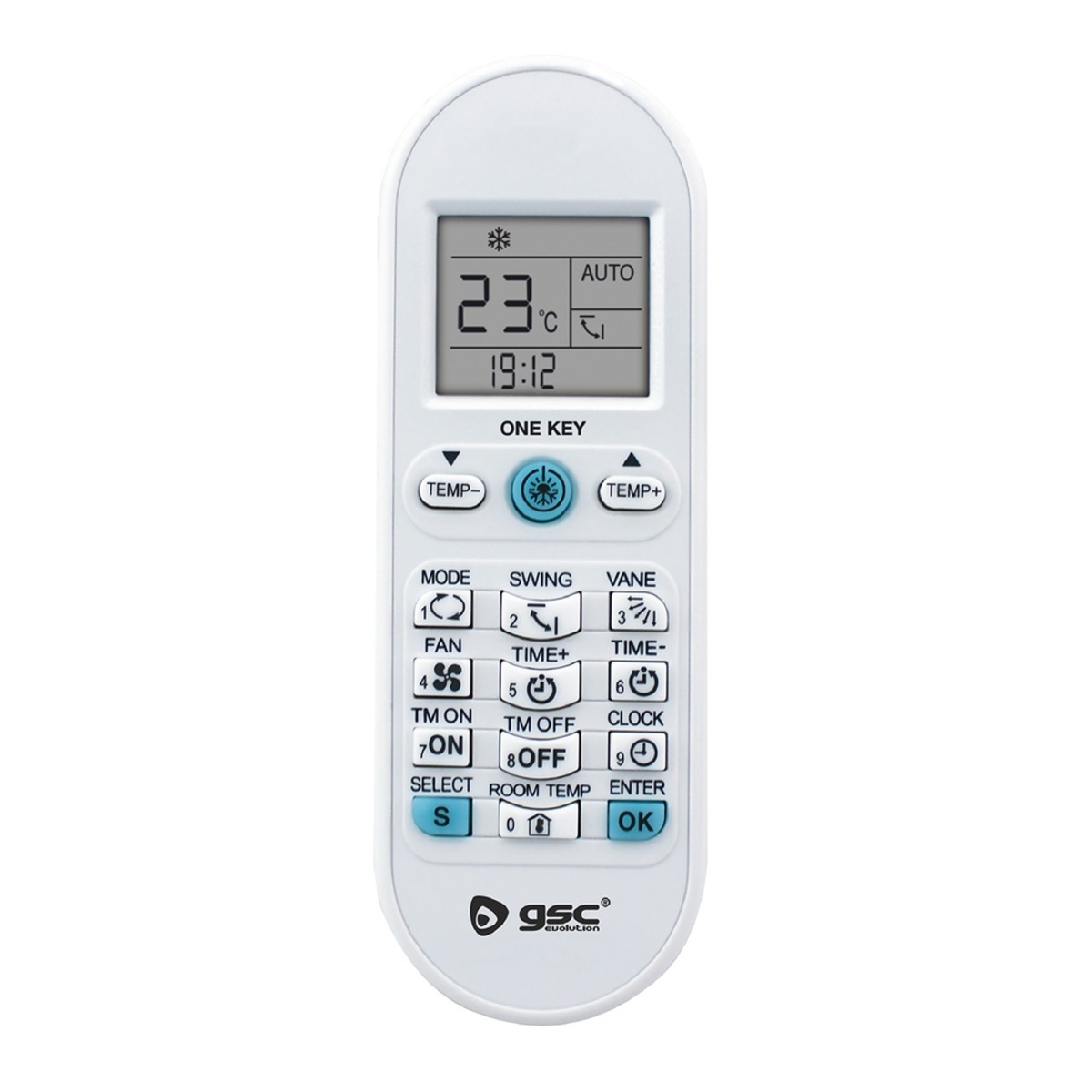 Mando a distancia blanco de aire acondicionado. Pantalla muestra 23 grados y hora. Botones para temp, modo, swing, tiempo, ventilador, etc.