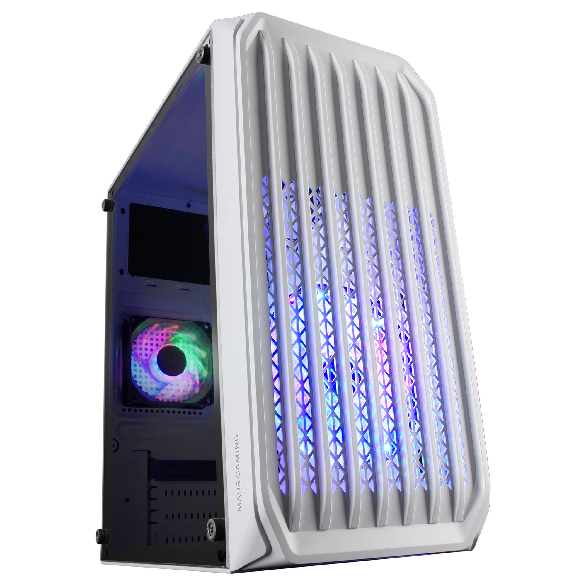 Marsgaming Mcs2 Blanco caja pc compacta gaming microatx 2 ventiladores frgb raibow con rejilla frontal ventana lateral minitorre mcs2w