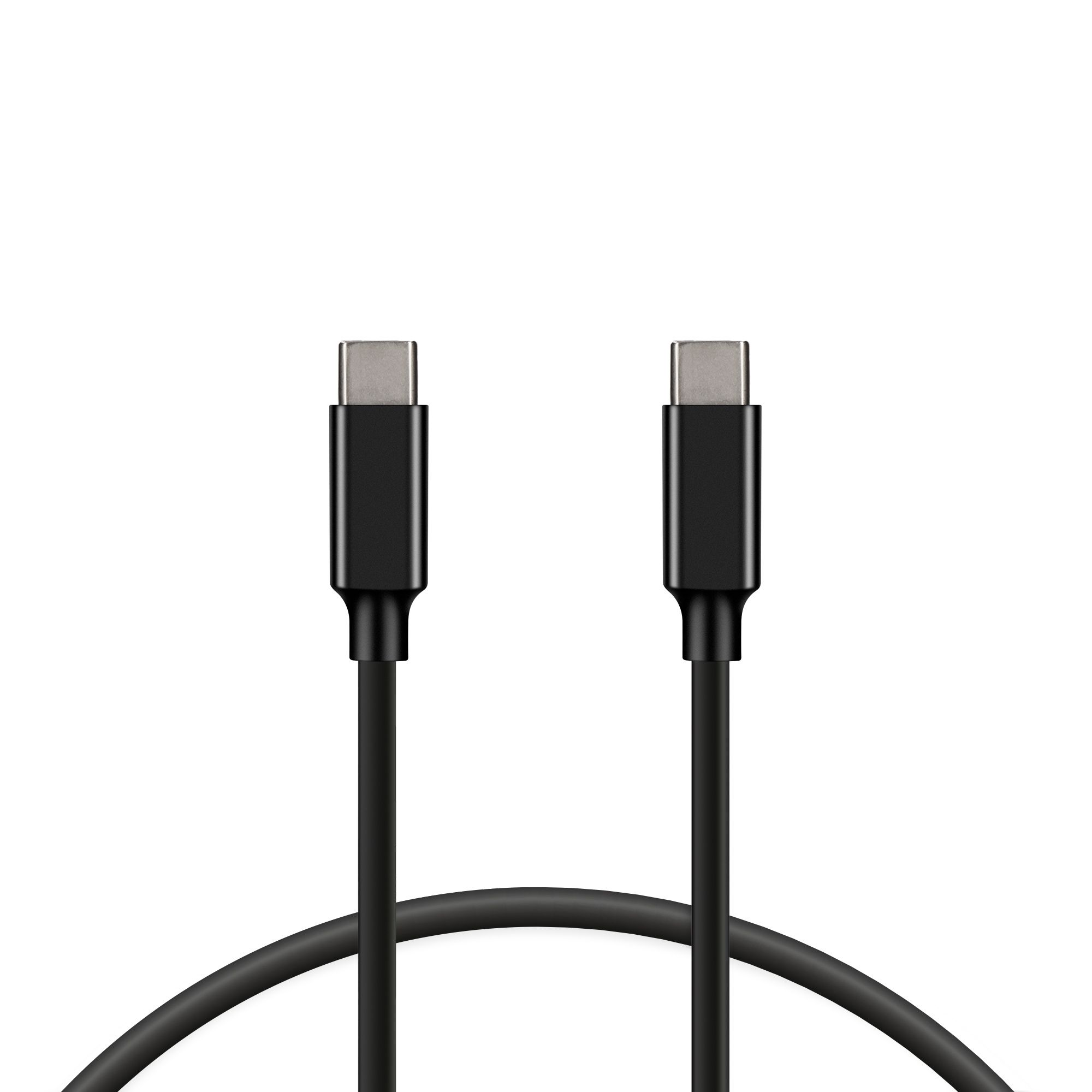 Cavi USB-C neri con connettori su sfondo bianco.