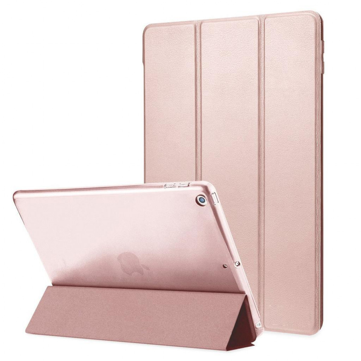 Rosa Tablet und Hülle. Eines steht, das andere liegt. Weißer Hintergrund.