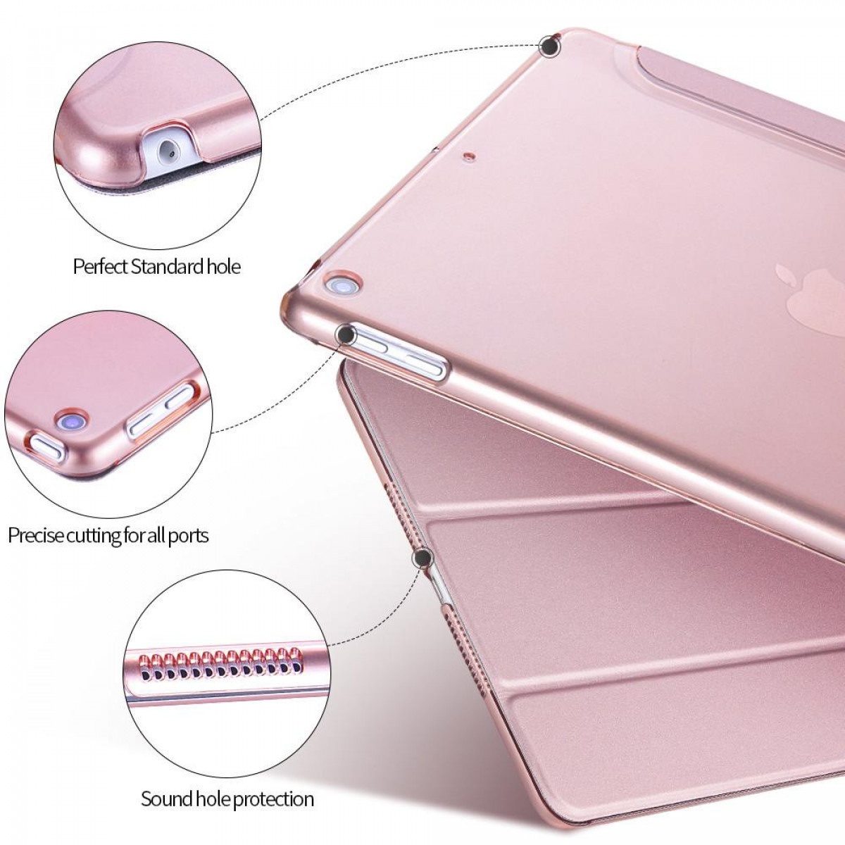 Roségoldenes iPad-Case mit Aussparungen für Anschlüsse und Magnetverschluss. Apple-Logo sichtbar.