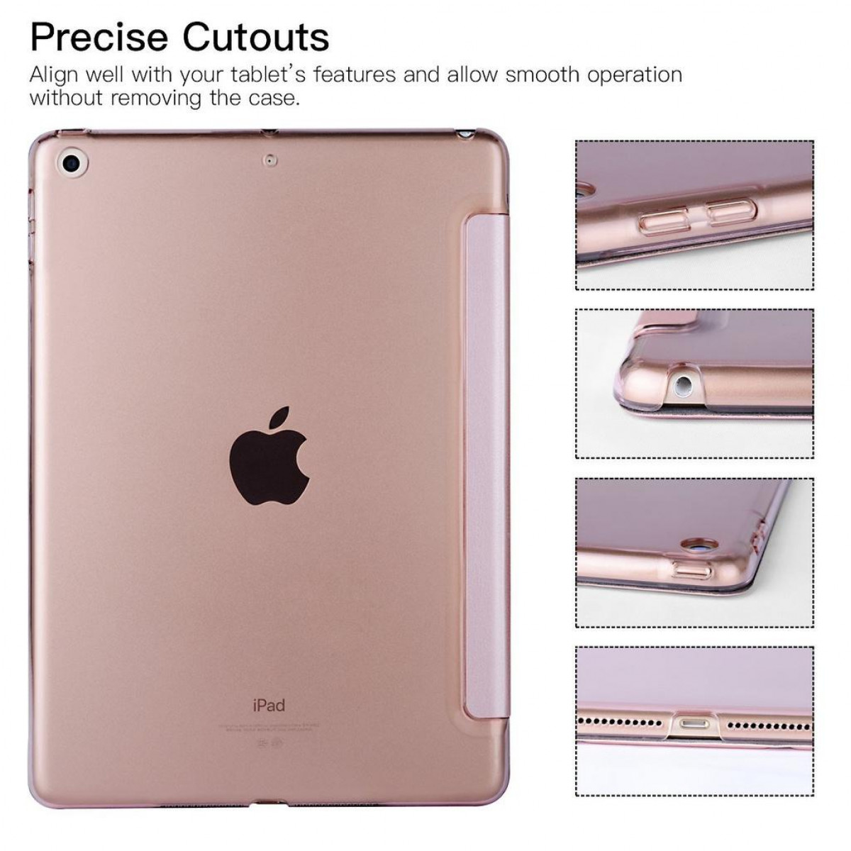 Goldenes iPad mit transparenter Hülle, Detailaufnahmen von Aussparungen. Präzises Design, Funktionalität betont.