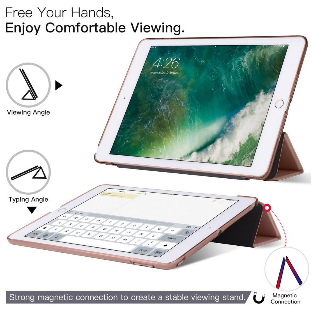 iPad in einem Ständer. Text: Befreien Sie Ihre Hände, genießen Sie komfortables Sehen.