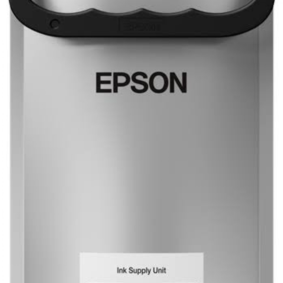 Silberne Epson Tintenversorgungseinheit mit schwarzem Griff, weißem Etikett, auf weißem Grund.