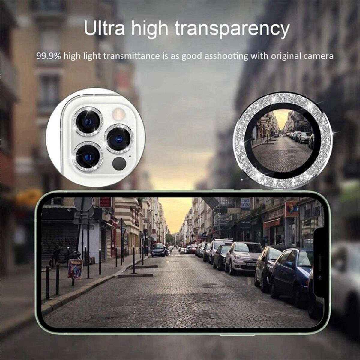 Ein Telefon mit einem Kameralinsenschutz und eine Stadtstraßenszene, die sich auf dem Bildschirm spiegelt.