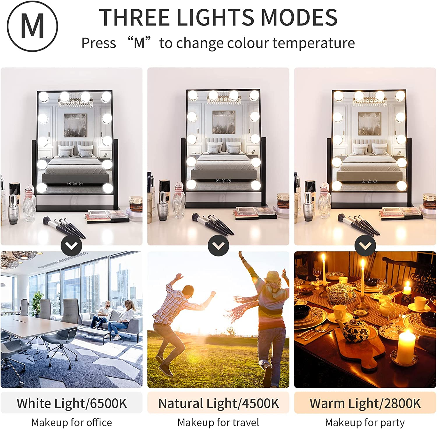 Drei Lichtmodi für einen Schminkspiegel: weiß, natürlich und warm, mit verschiedenen Szenen.