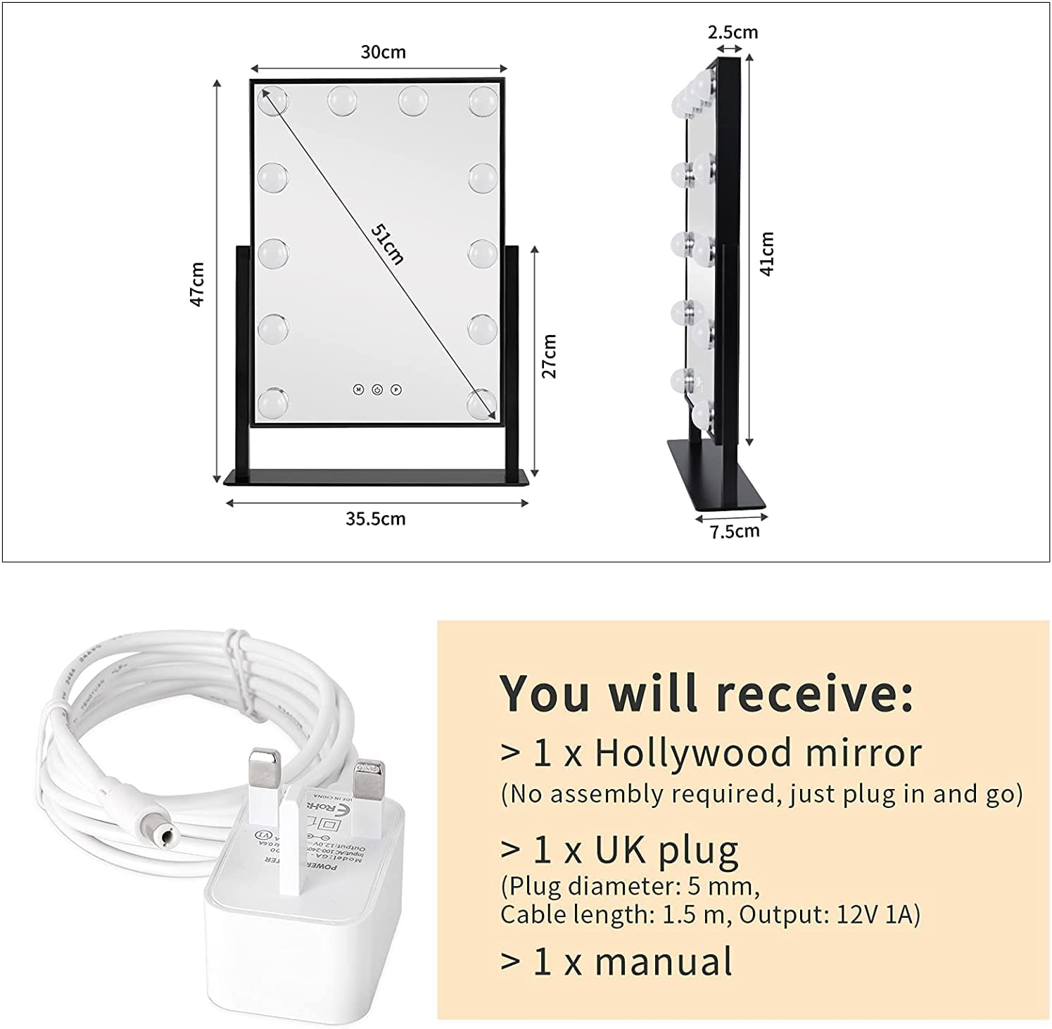 Hollywood-Spiegel, Maße, mit Lichtern, UK-Stecker und Handbuch. Schwarzer Rahmen, weiße Lichter.