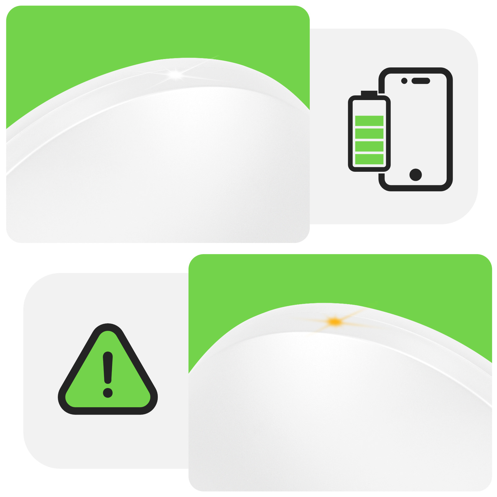 Cuatro imágenes que muestran iconos de batería y alerta del teléfono. Fondo verde y blanco, con símbolos de carga y advertencia.