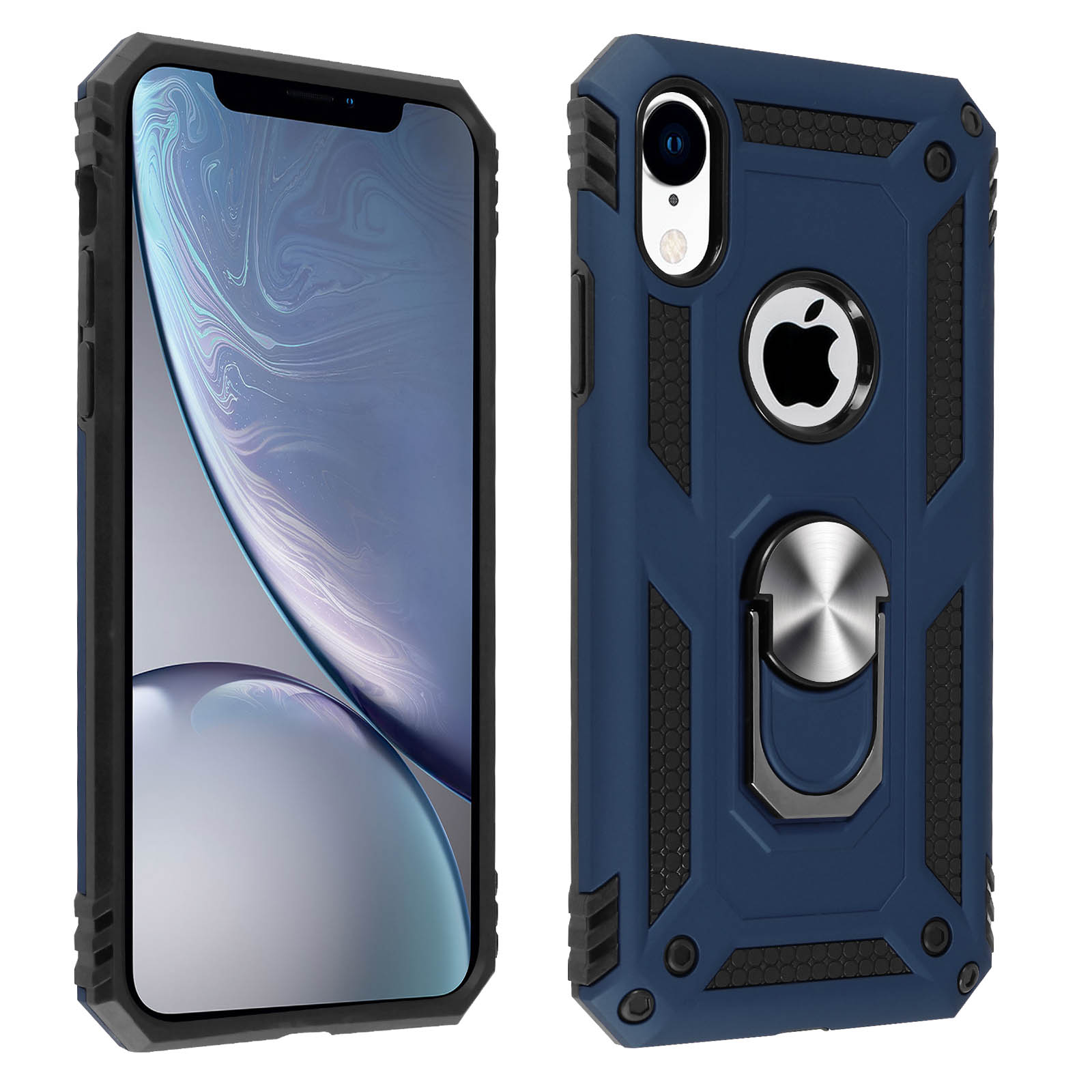 Telefoonhoesje met telefoon erin. Blauw en zwart design. Ringhouder aan de achterkant.
