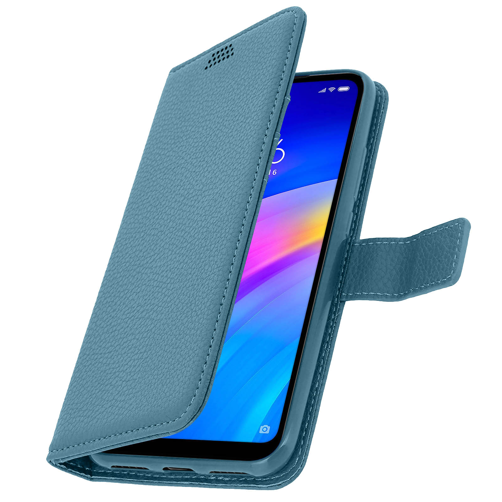 Una custodia blu per telefono aperta per mostrare un telefono. La custodia è in pelle strutturata.