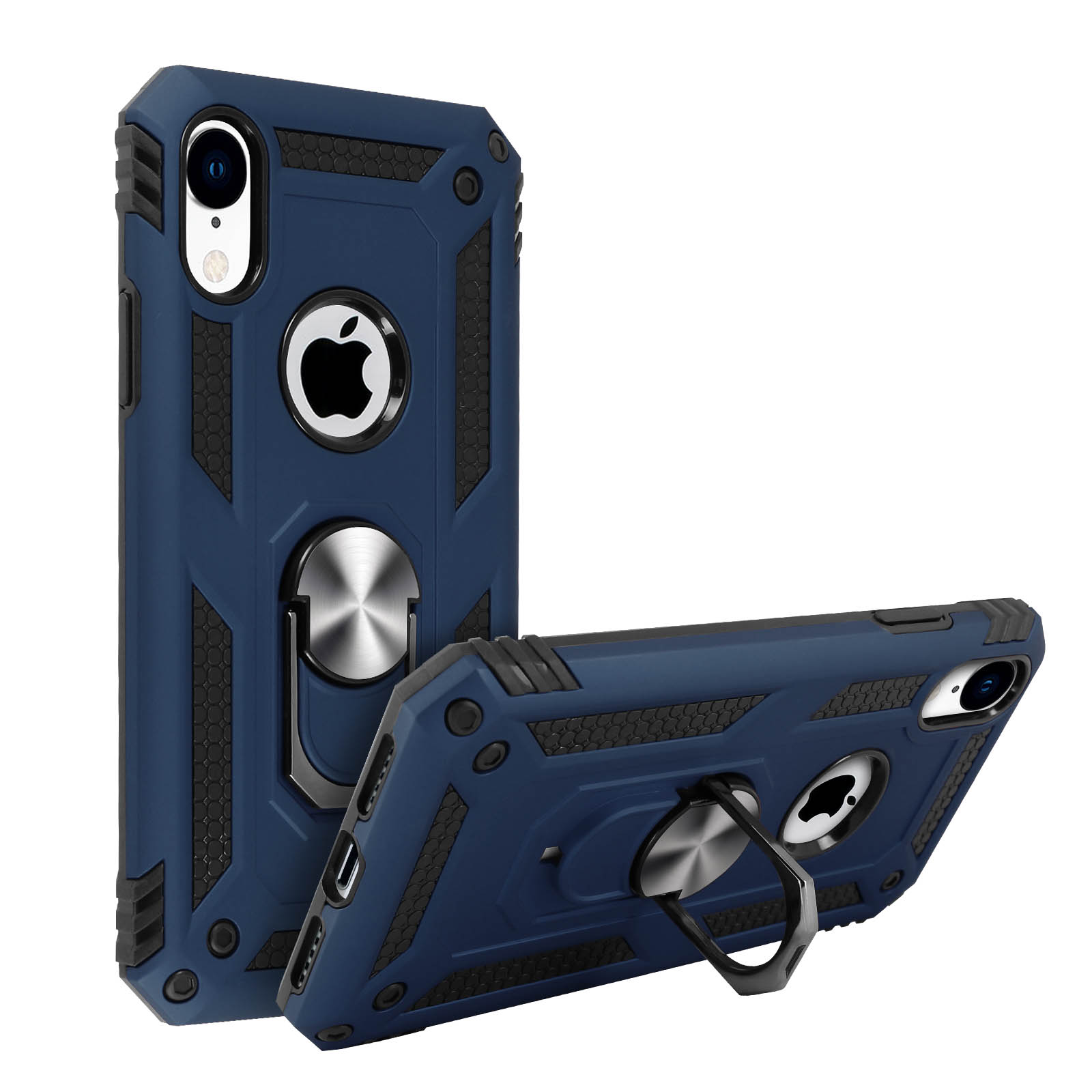 Blauwe en zwarte telefoonhoes met een ringhouder. De telefoon zit in de hoes.