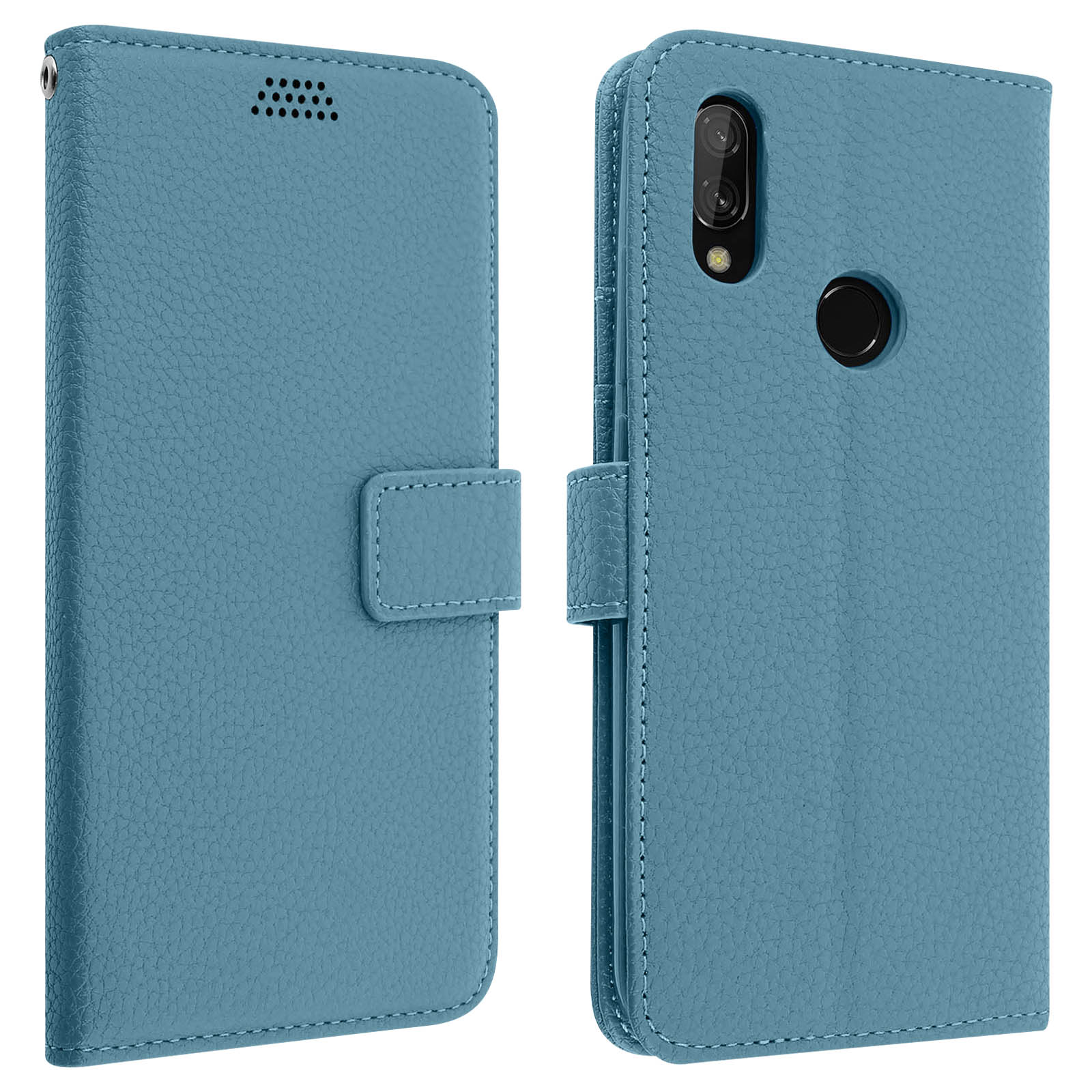 Custodia per telefono azzurra con una cover e un telefono.