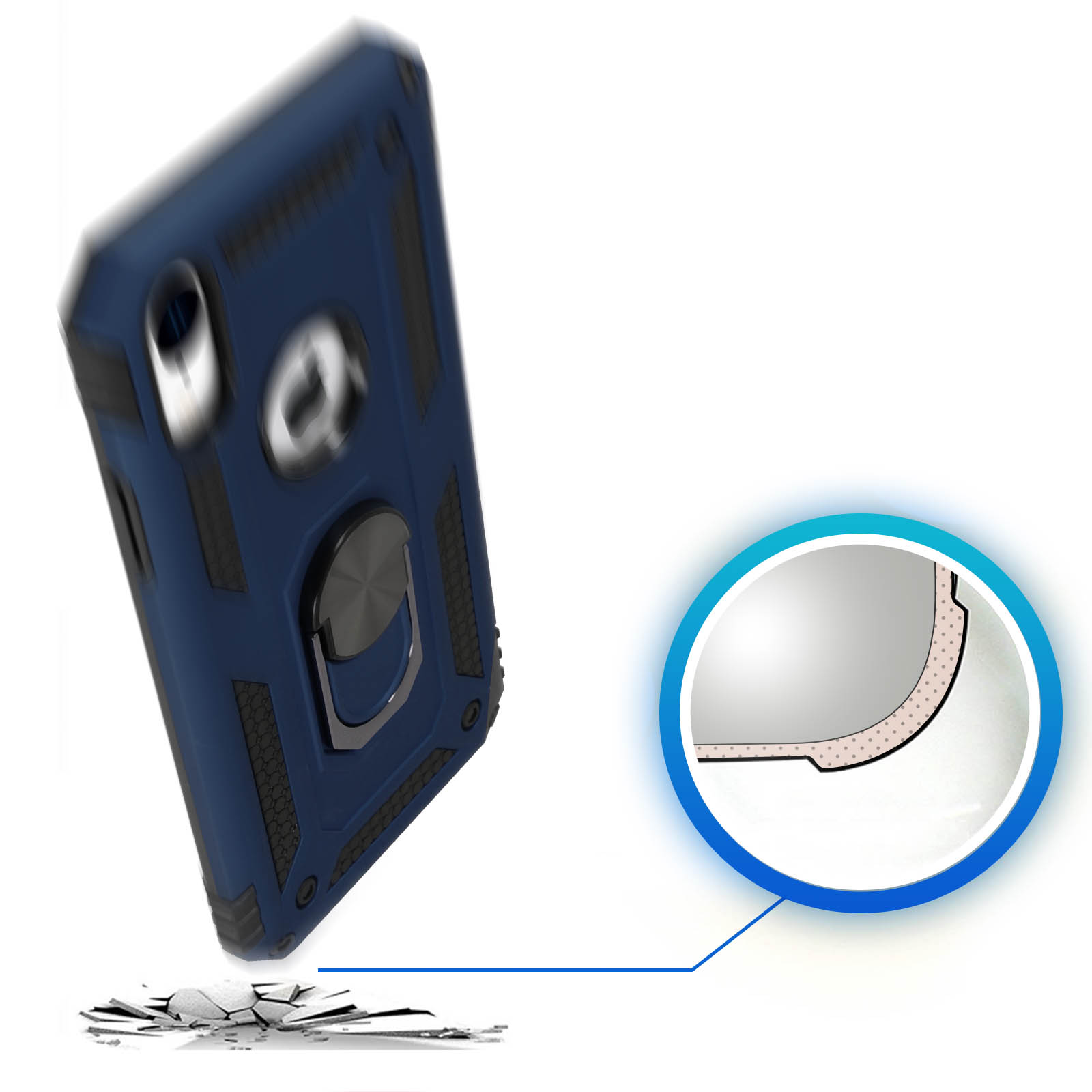 Blauwe telefoonhoes met een ringhouder, die op een oppervlak valt. Een cirkelvormig detail toont de binnenkant van de hoes.