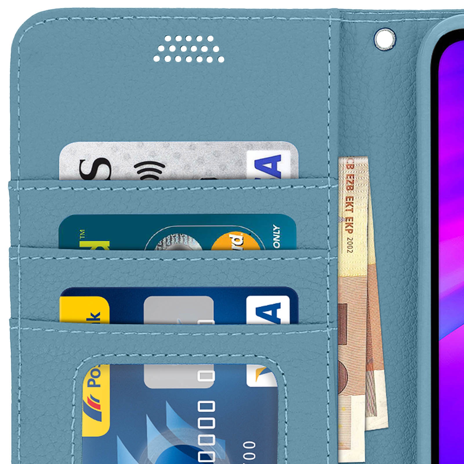 Custodia blu aperta, con carte di credito, Visa e alcune banconote piegate.