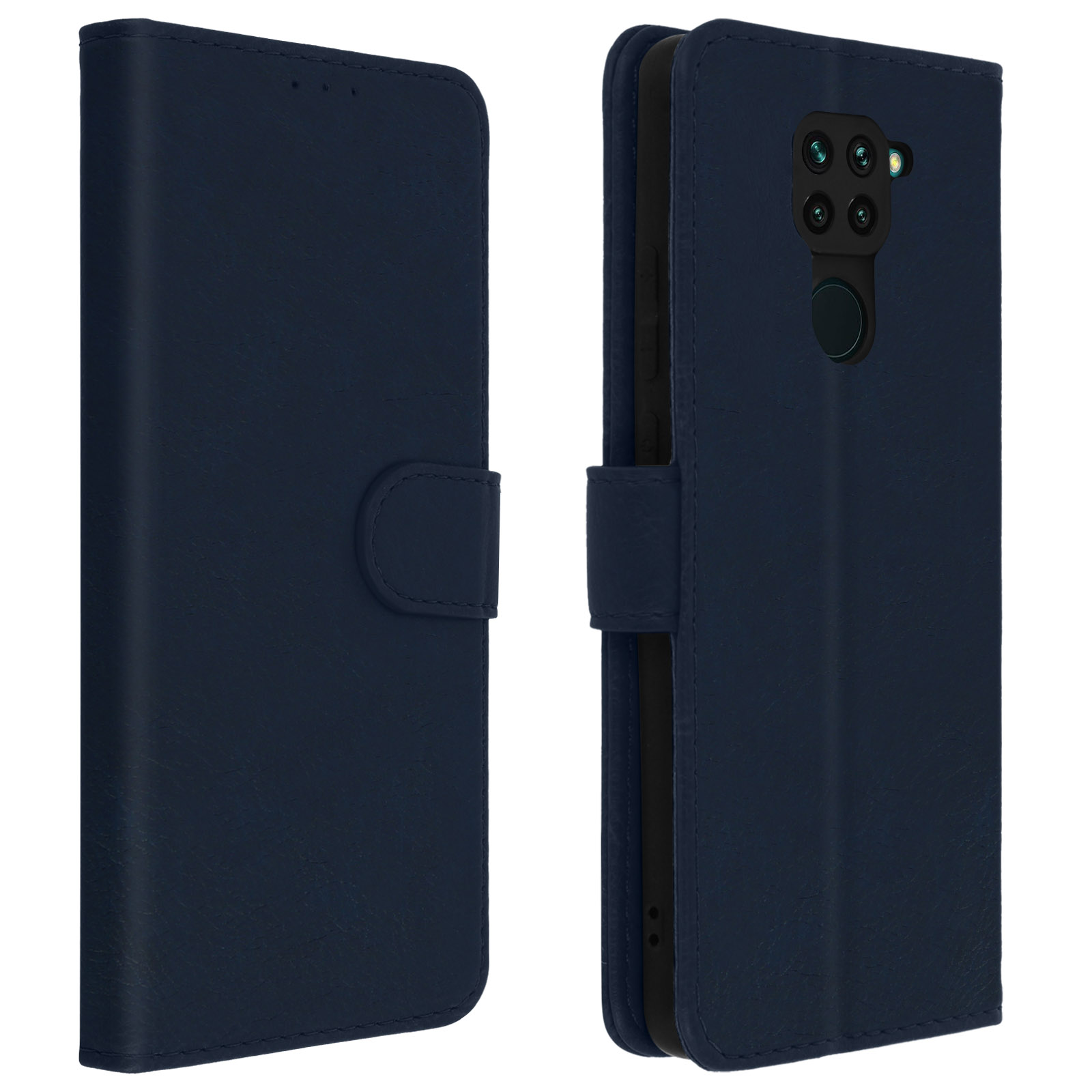 Donkerblauwe telefoonhoes, open en dicht. De hoes heeft een magnetische sluiting en een kaartsleuf.