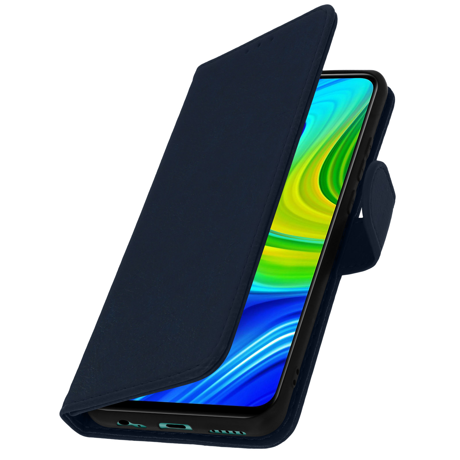 Blauwe telefoonhoes geopend, met een telefoonscherm, witte achtergrond.