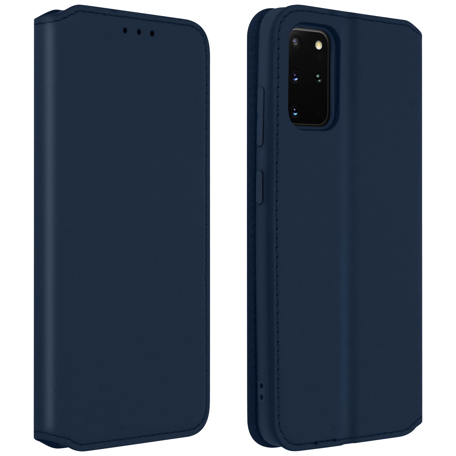 Donkerblauwe telefoonhoes, open met telefoon. Marineblauwe hoes.