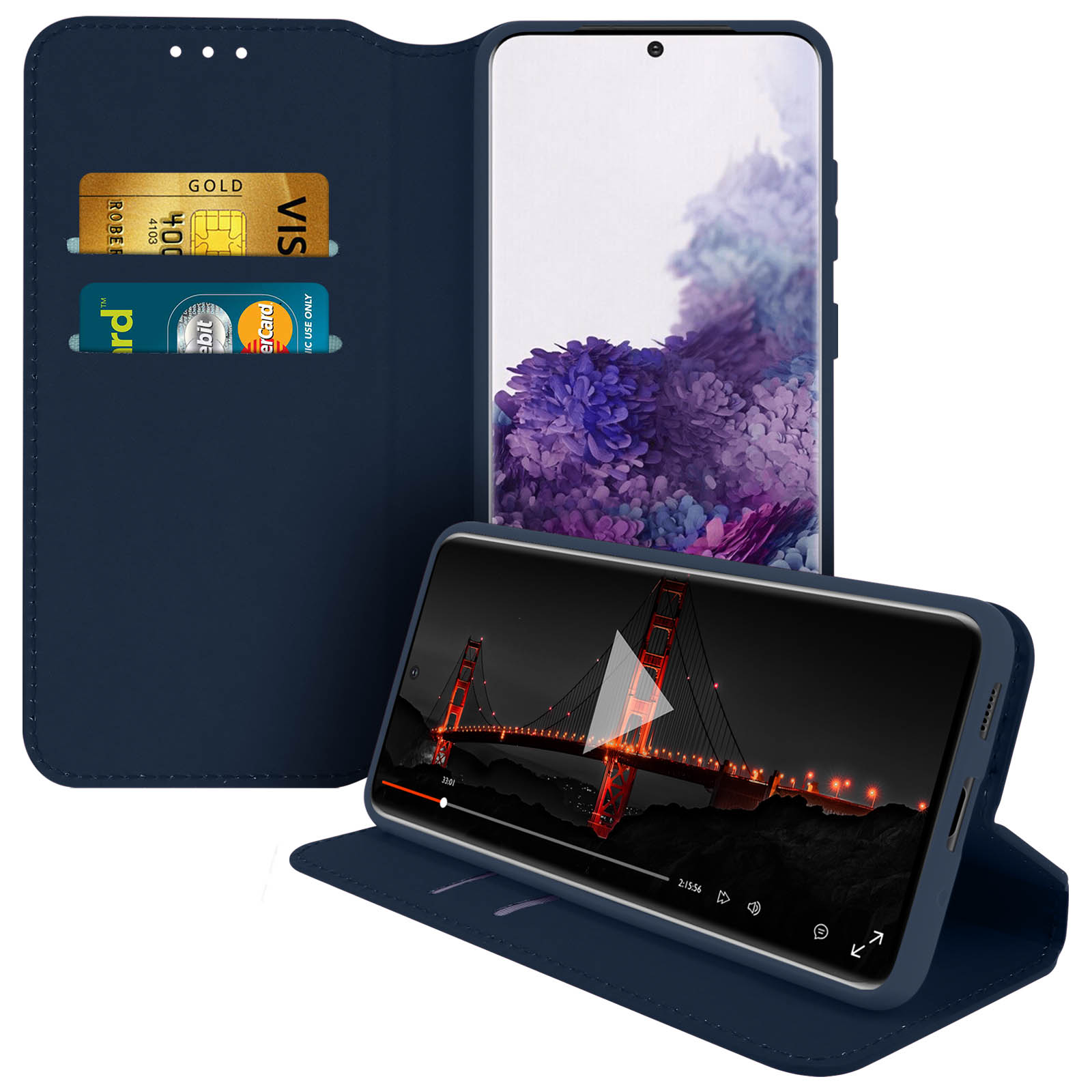 Donkerblauwe telefoonhoes met kaartsleuven en een telefoon met een video. Leren textuur.