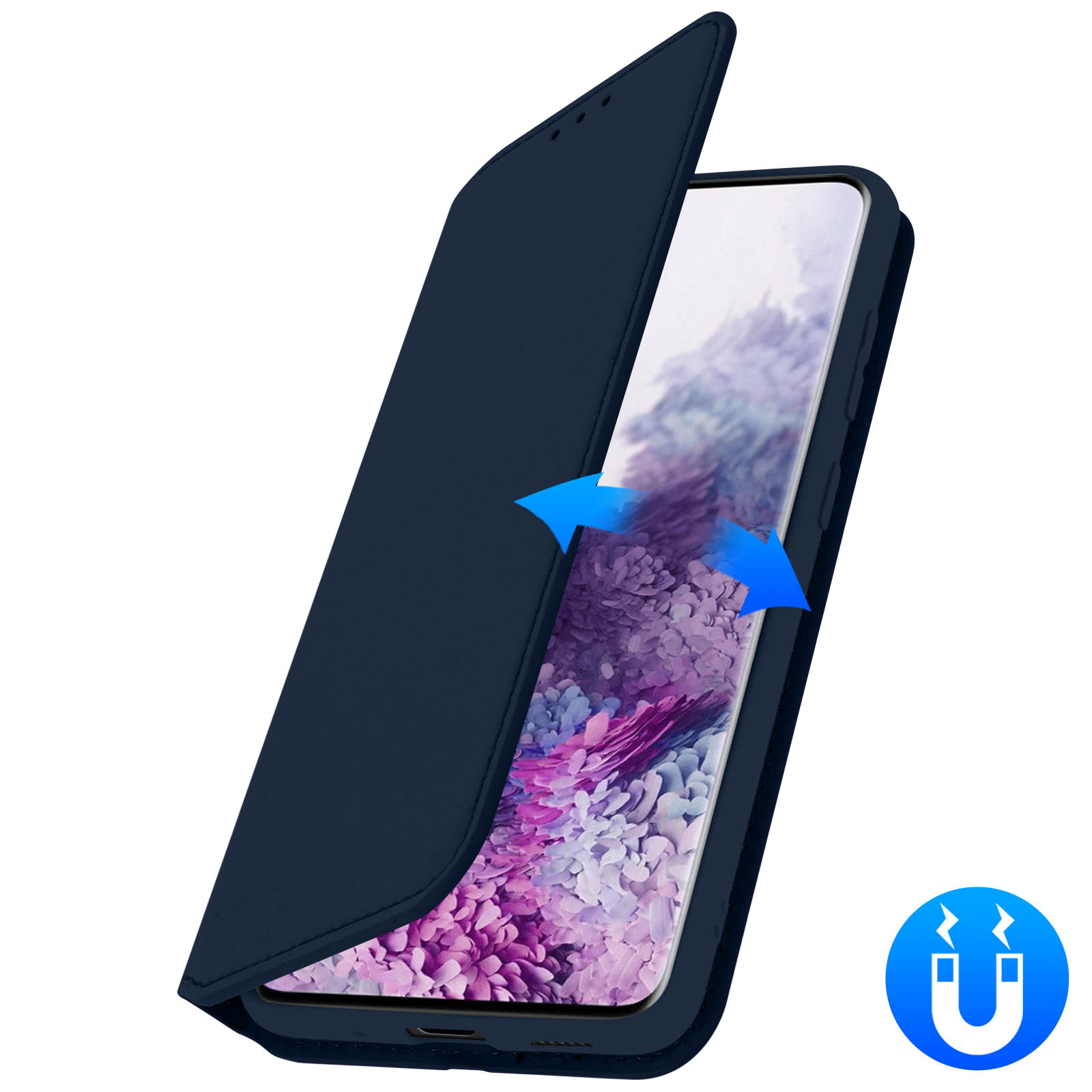 Een marineblauwe telefoonhoes. De hoes is open en toont de telefoon.