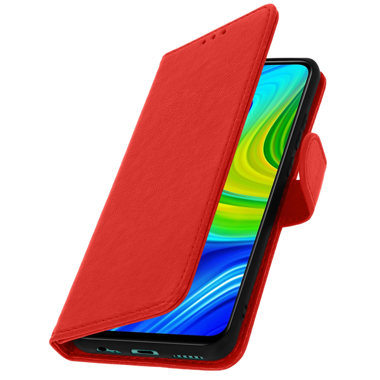Custodia in pelle rossa aperta, il telefono mostra una sfumatura blu e verde.