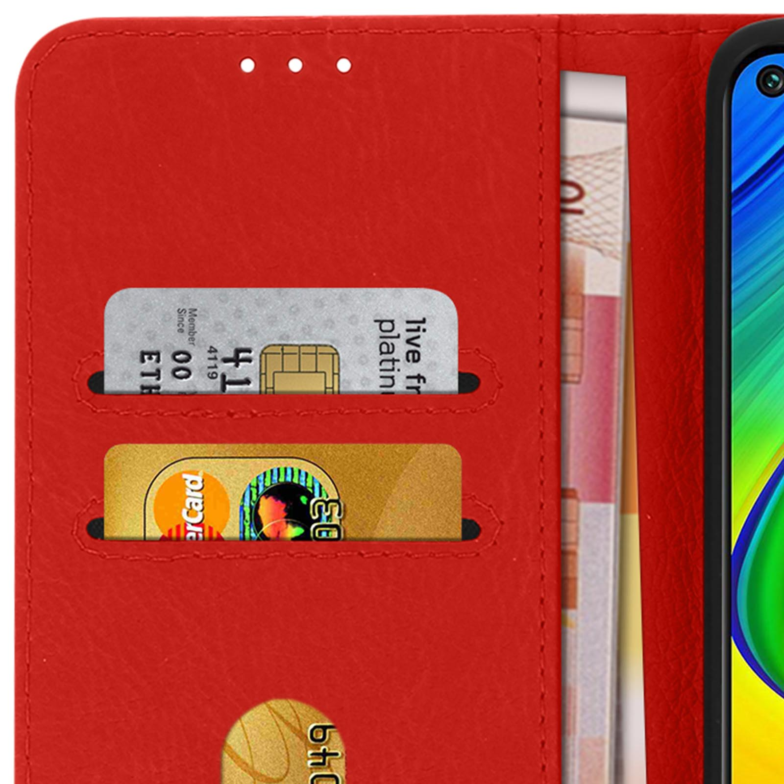 Custodia per telefono in pelle rossa con carte di credito e contanti visibili all'interno.