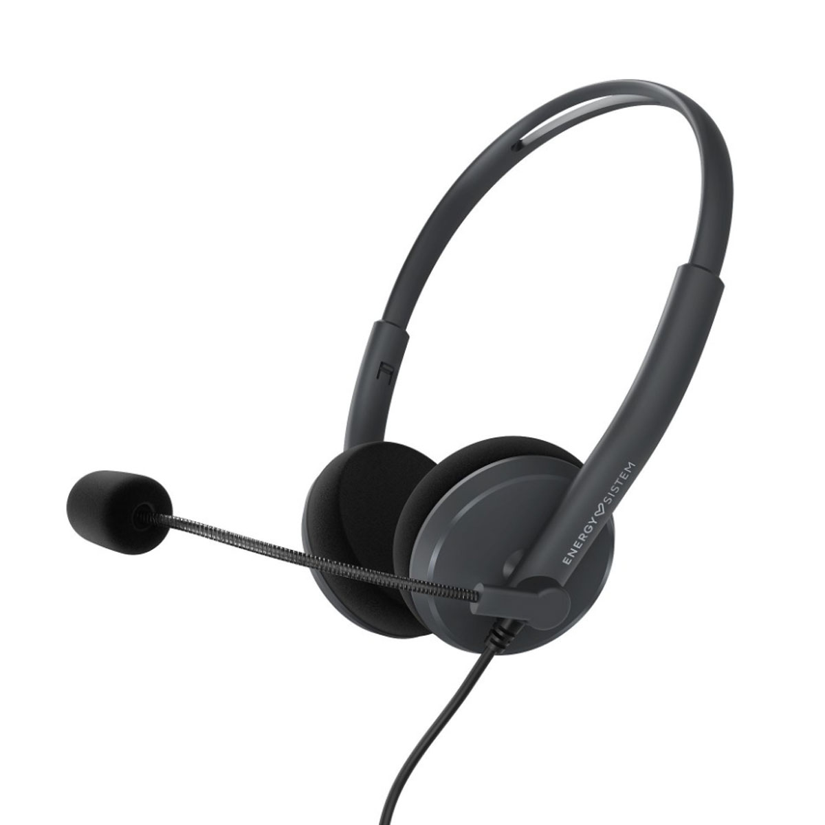Szare słuchawki z mikrofonem na białym tle. Na boku napisano 'Energy Sistem'.