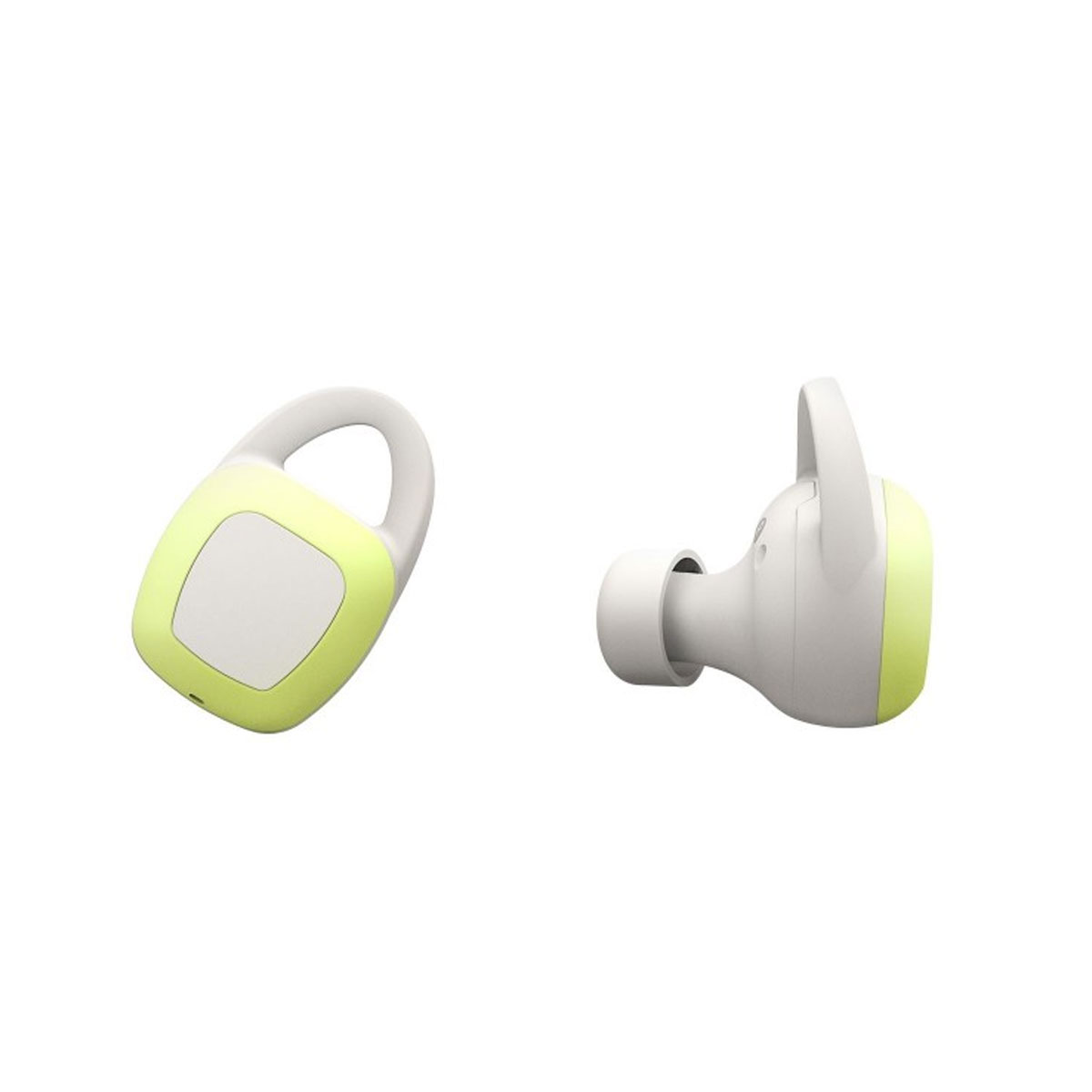 Dwie biało-żółte słuchawki, odizolowane na białym tle, widok z boku.