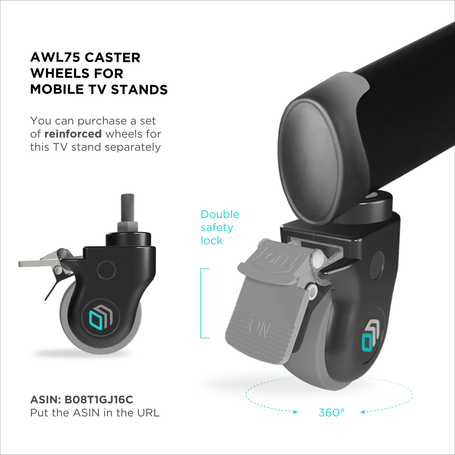 ONKRON ONKRON Räder TV 4er-Set mm AWL75 Designer für TV für Mobile ⌀75 Ständer Ausrüstung Schwarz Räder-Rollen Ständer