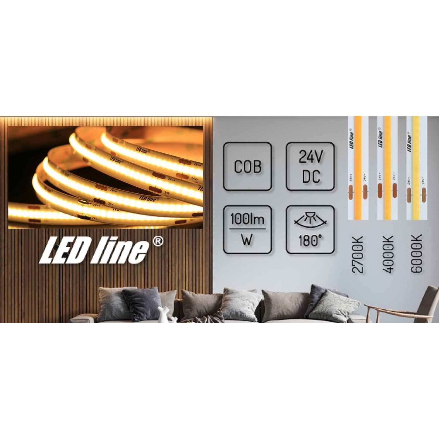 LED-Streifenlichter auf Holzvertäfelung. Datenpunkte wie Leistung, Farbtemperatur und Spannung werden angezeigt.