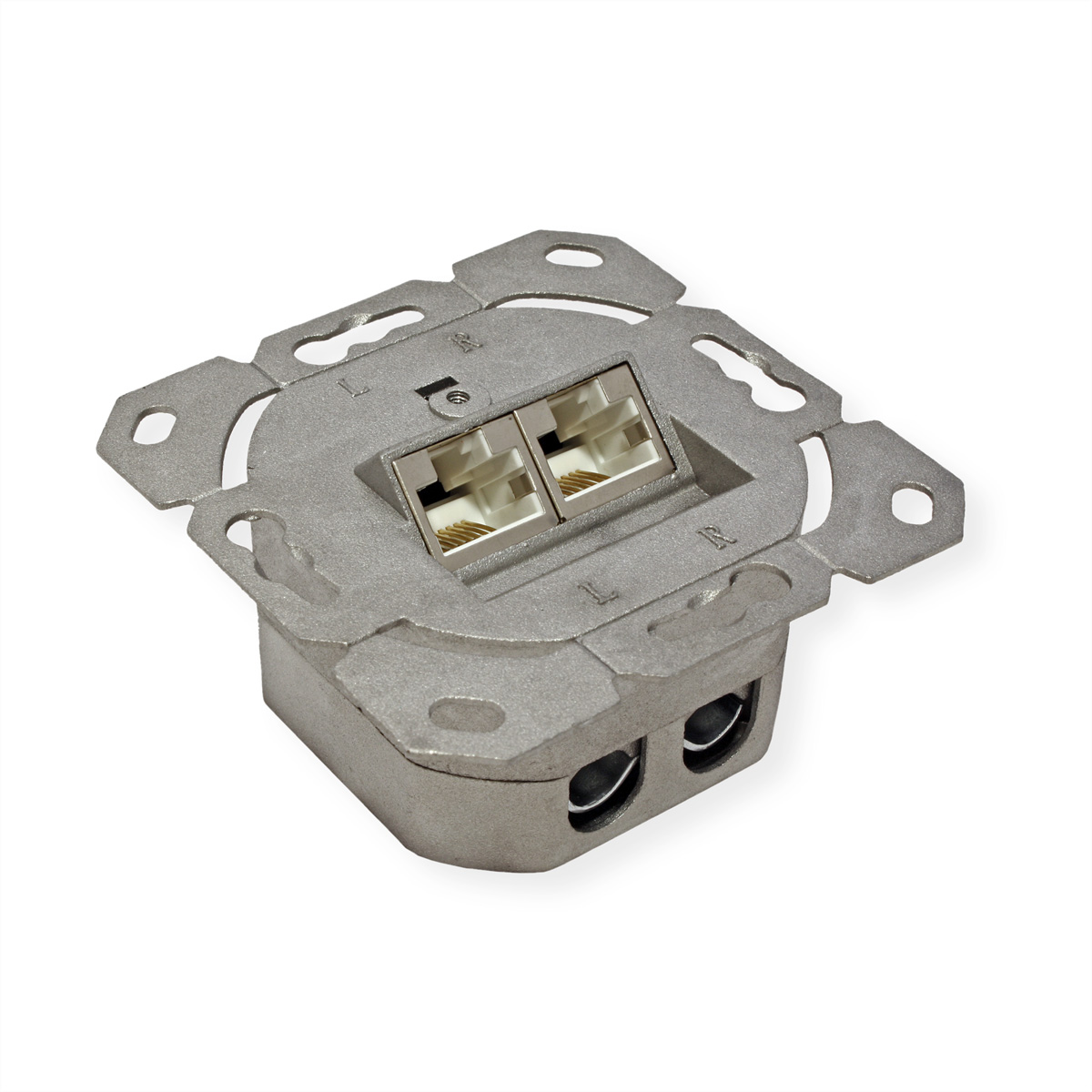 Eine Metall-Steckdose mit zwei RJ45-Anschlüssen.