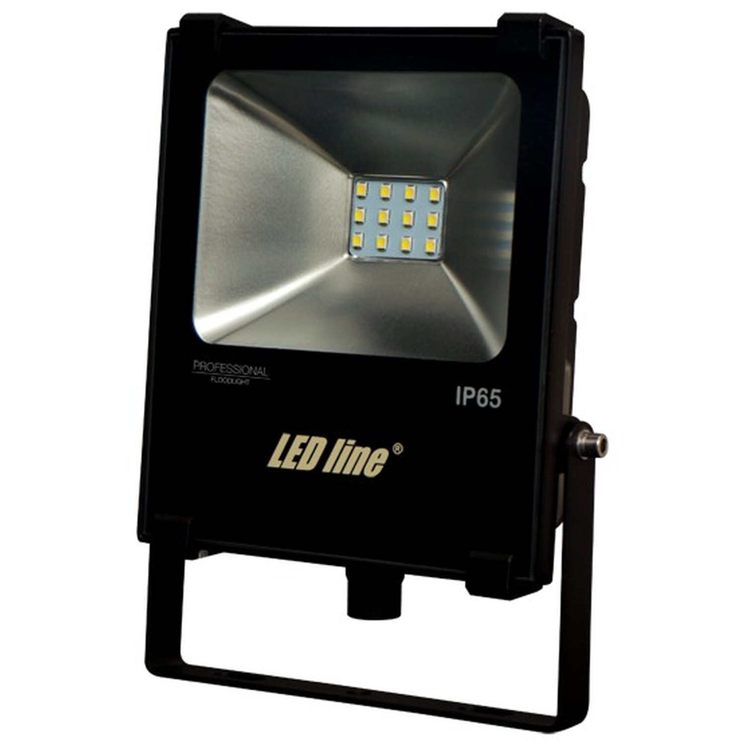 Schwarzer LED-Flutlichtstrahler mit weißem Licht und schwarzem Rahmen, Text 'LED line'.