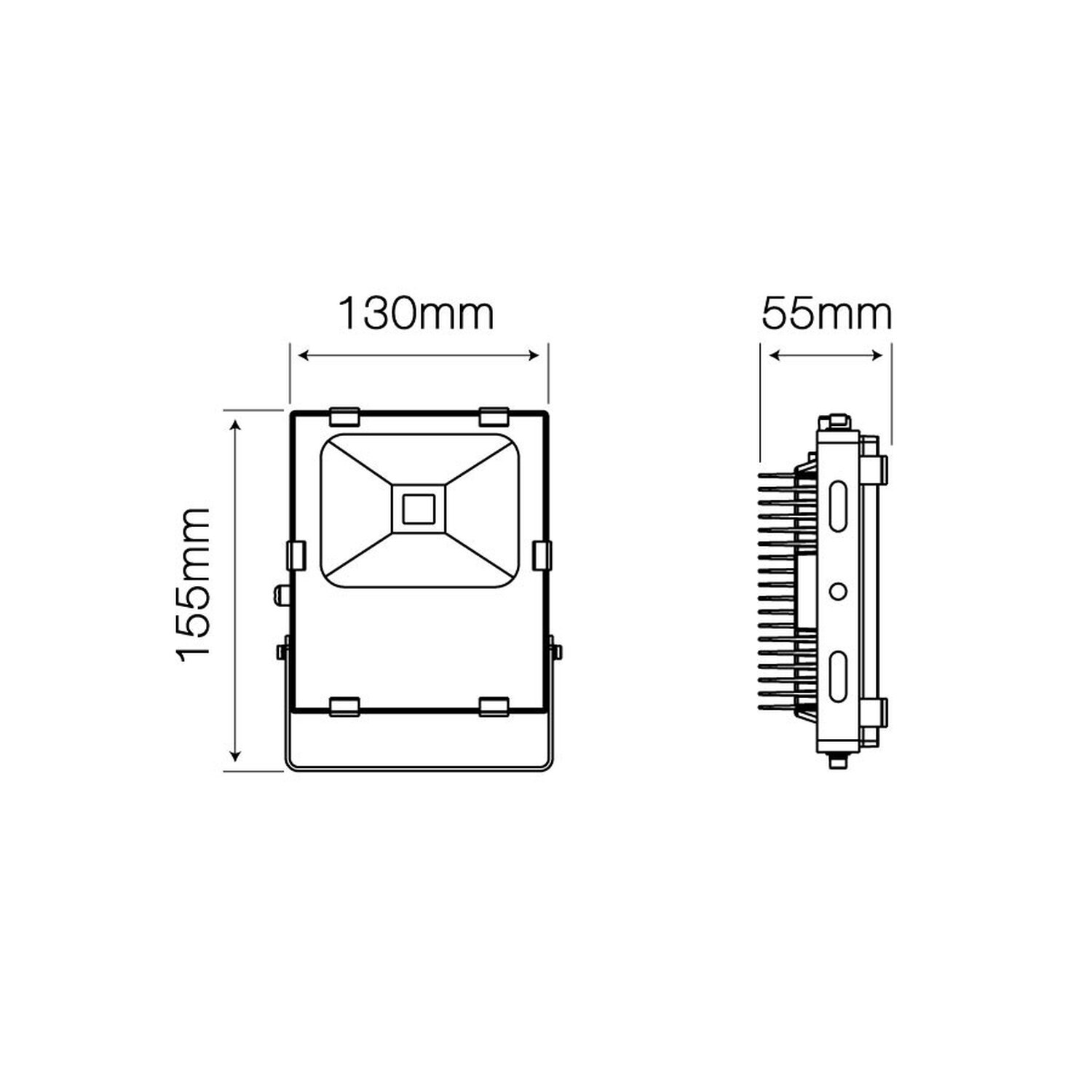 Ein Diagramm eines quadratischen Flutlichtstrahlers, mit Abmessungen in Millimetern. Weißer Hintergrund.