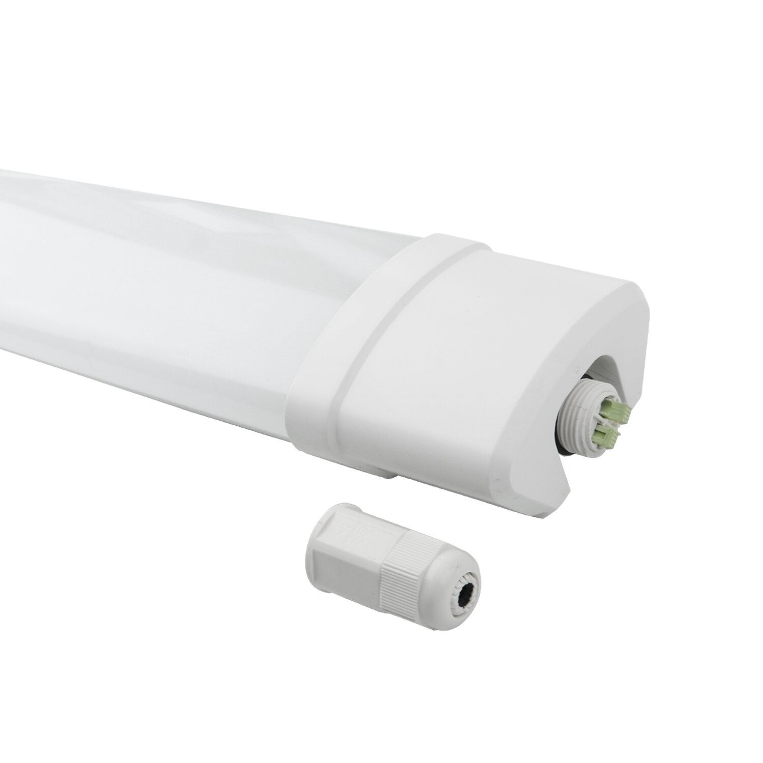 Eine weiße LED-Leuchte mit Stecker. Ein abgetrennter Stecker liegt daneben.