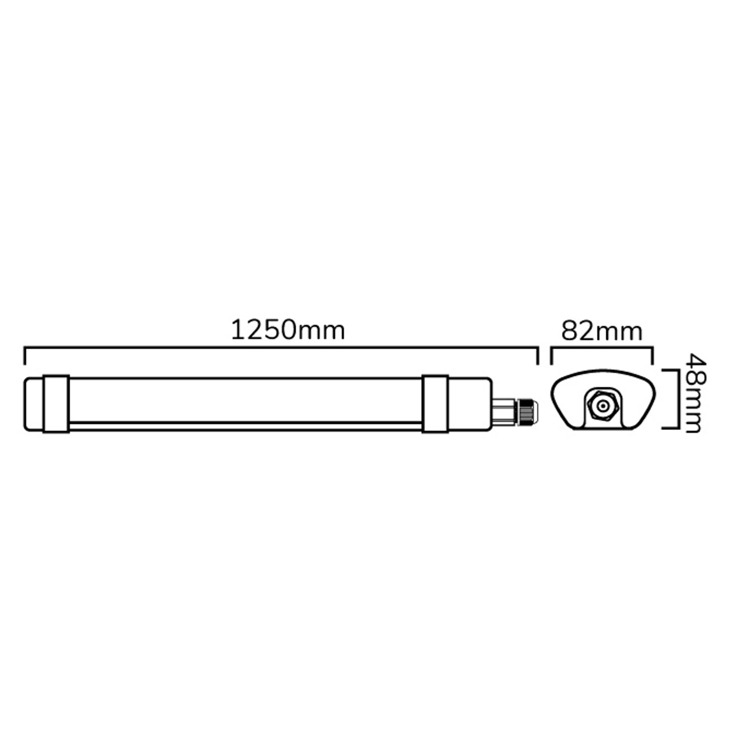 Ein Diagramm einer linearen Lampe mit Abmessungen in Millimetern.