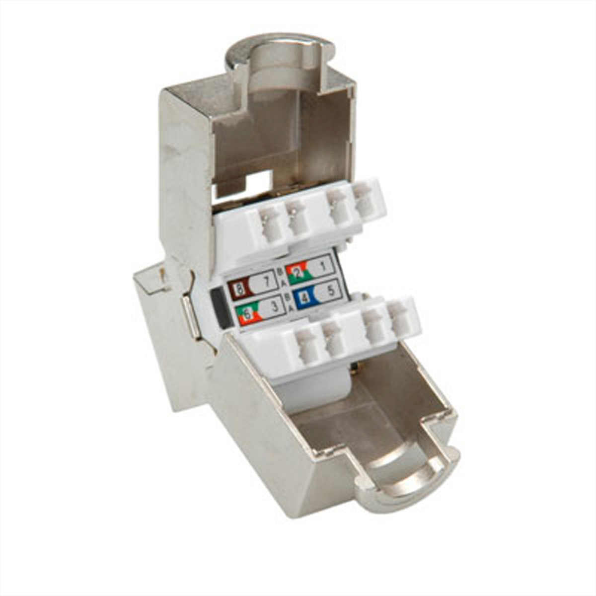 Ein grauer Metall-RJ45-Stecker mit sichtbaren Verdrahtungsanschlüssen und internen Komponenten.