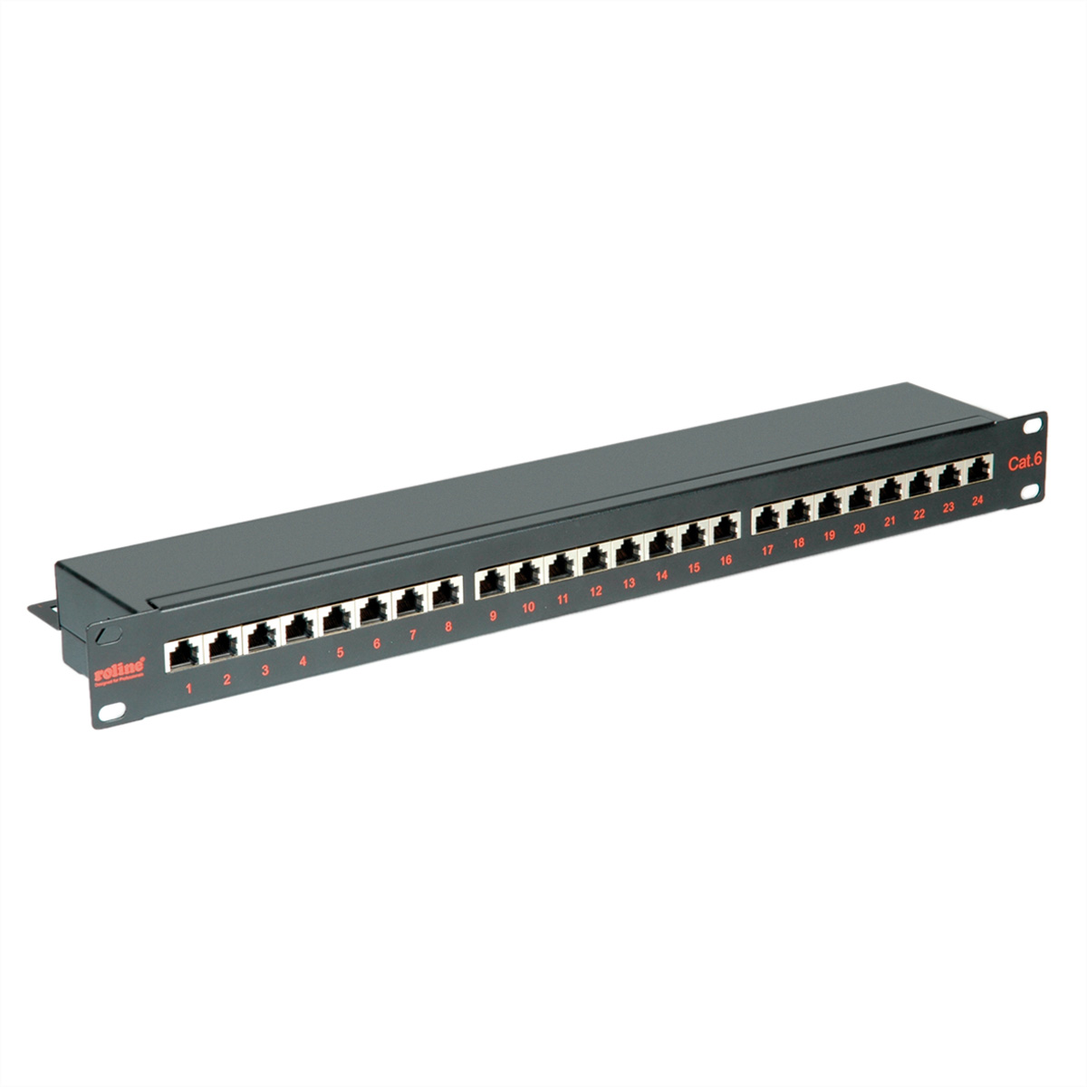 Ein schwarzes Patchpanel mit 24 Anschlüssen für Ethernet-Kabel. Weißer Hintergrund.