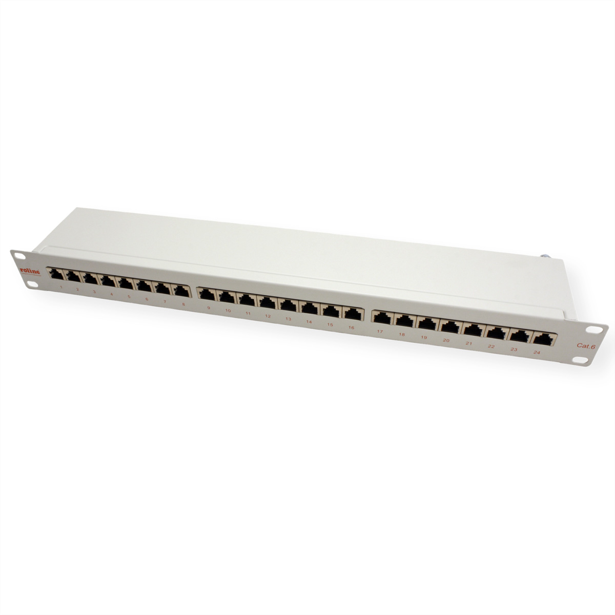 Weißes Netzwerkpanel mit 24 Anschlüssen. Text: Cat 6.