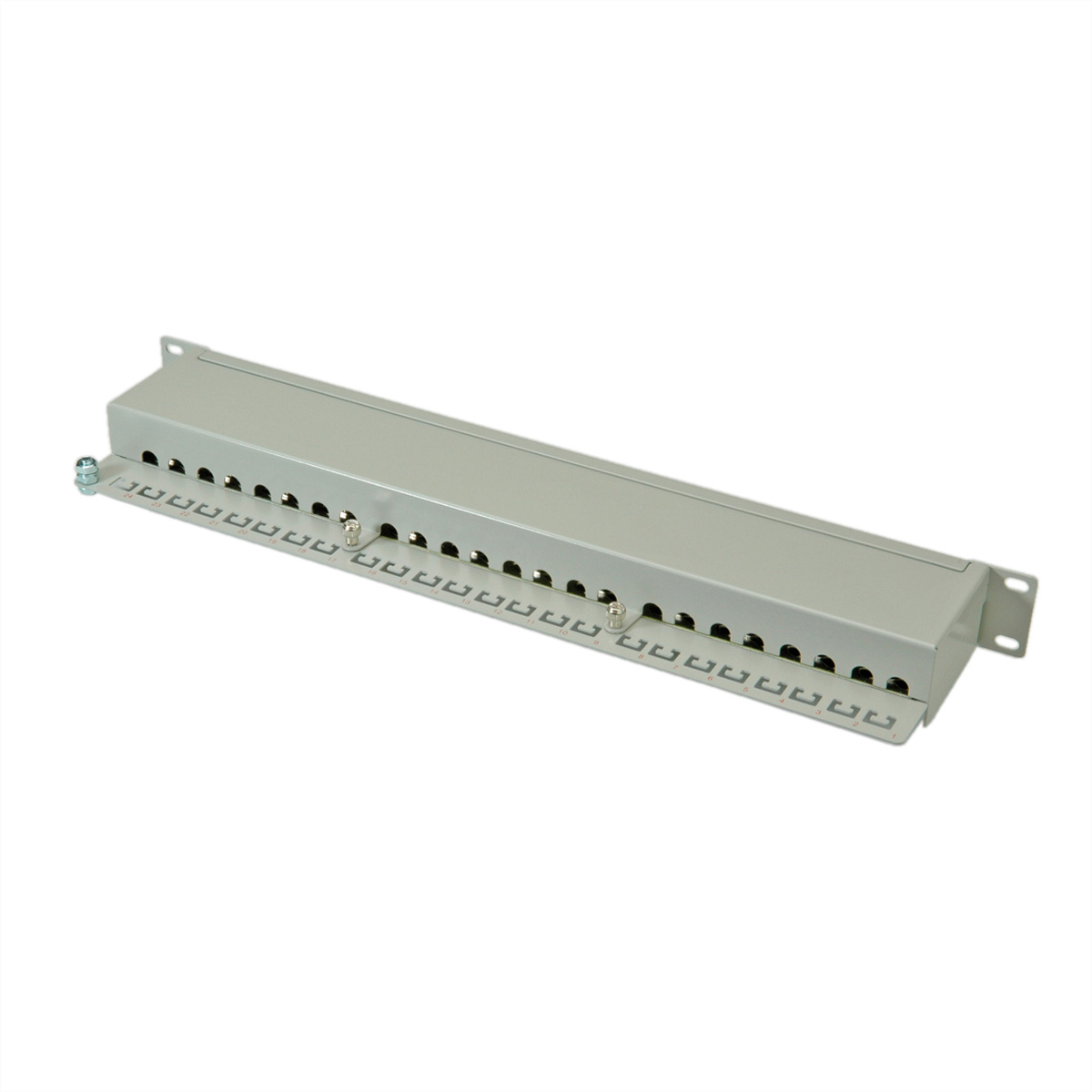 Ein graues Metall-Patchpanel mit mehreren Anschlüssen in zwei Reihen, weißer Hintergrund.