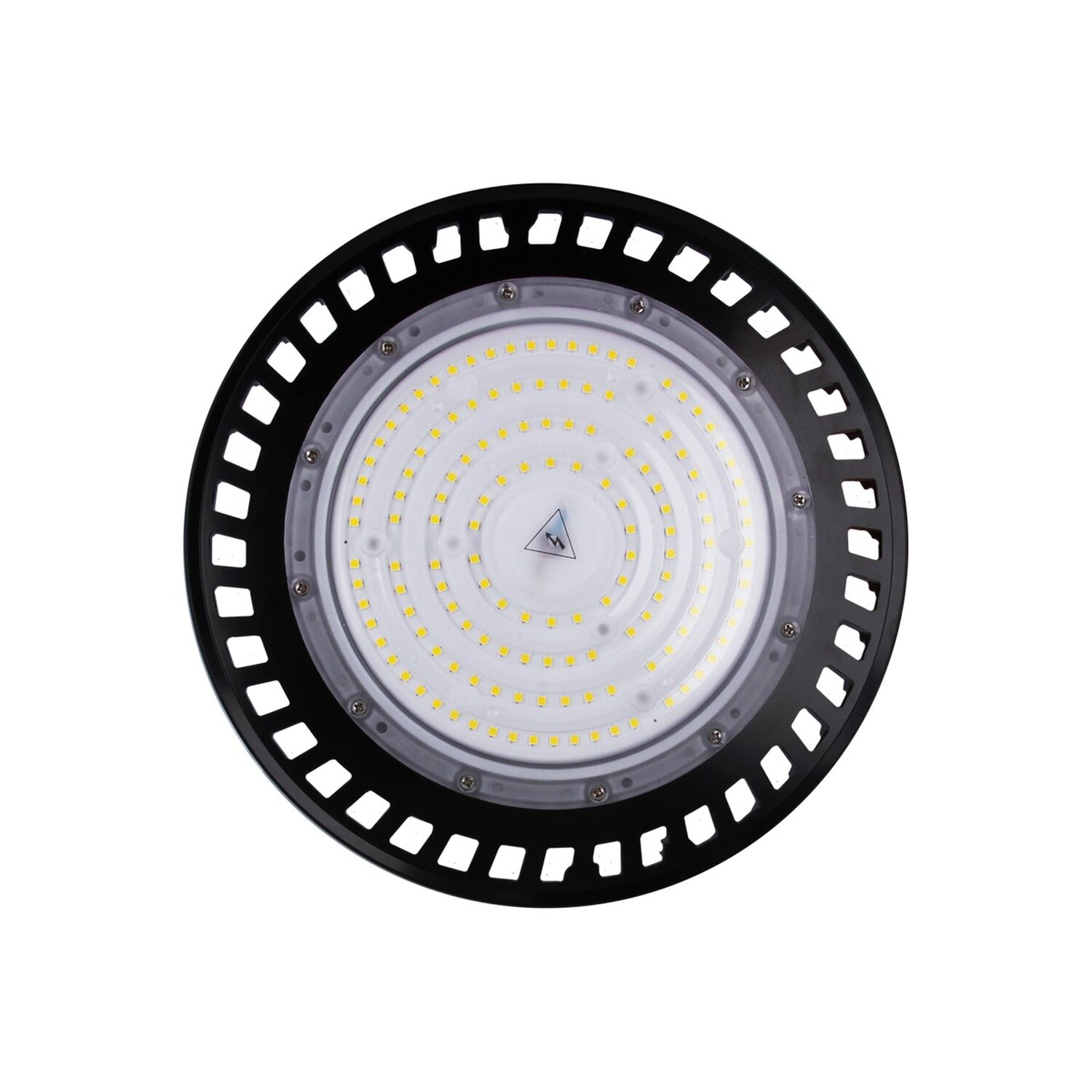 Runde schwarze LED-Leuchte mit vielen kleinen Lichtern. Schwarzer Rahmen darum.