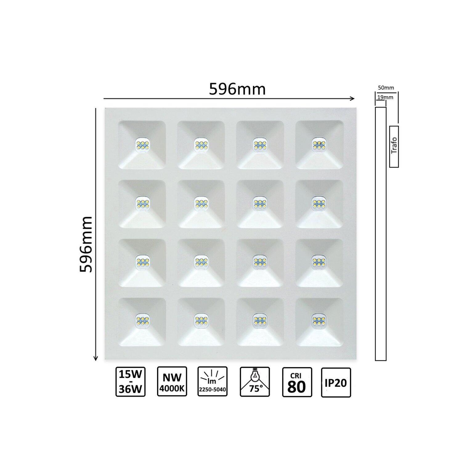 Ein quadratisches LED-Panel mit 16 Lichtern, umgeben von Messungen und Symbolen auf weißem Grund.