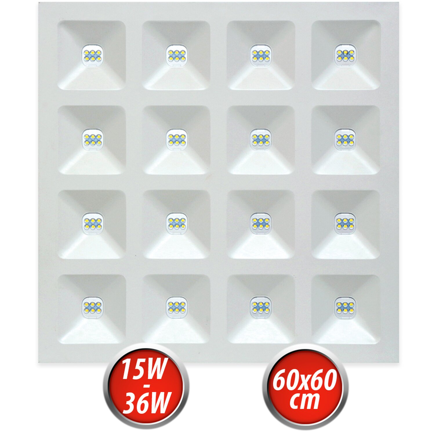 Weißes LED-Deckenfeld mit 16 Lichtquadraten. Zwei rote Etiketten.