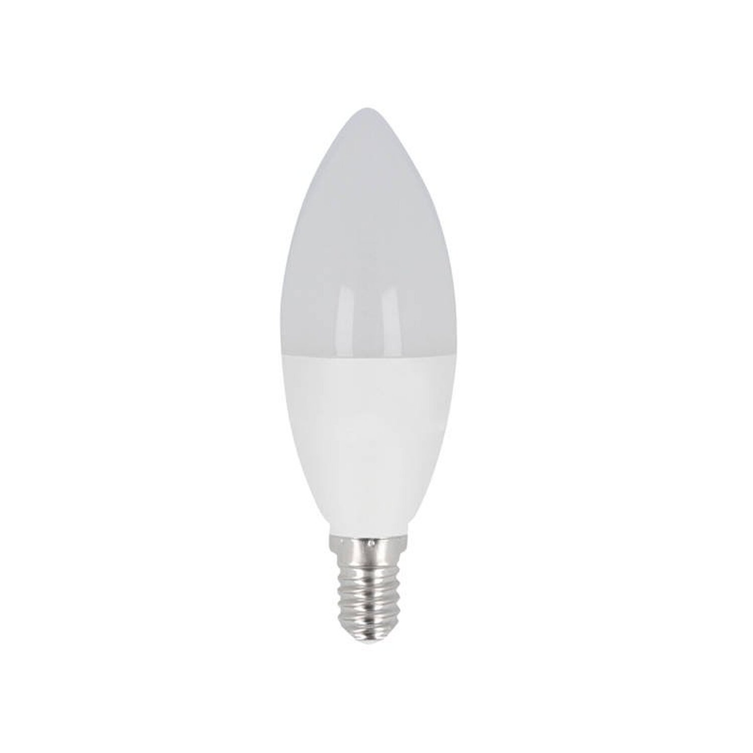 Eine weiße LED-Kerzenbirne steht aufrecht. Die Birne hat eine weiße, längliche Form mit silbernem Schraubsockel.